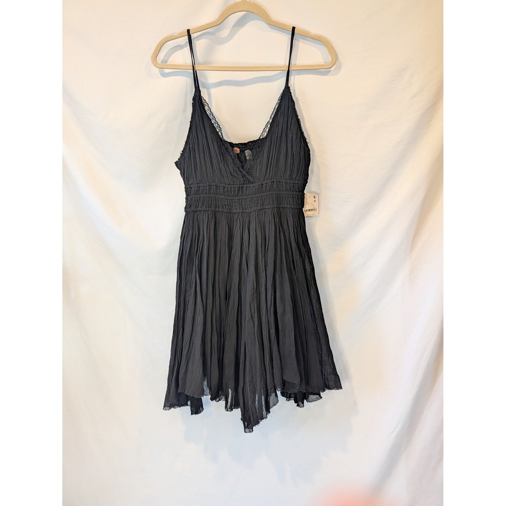 Free People FP One Black Gauze Lace Trim Smocked Mini Dress XL New